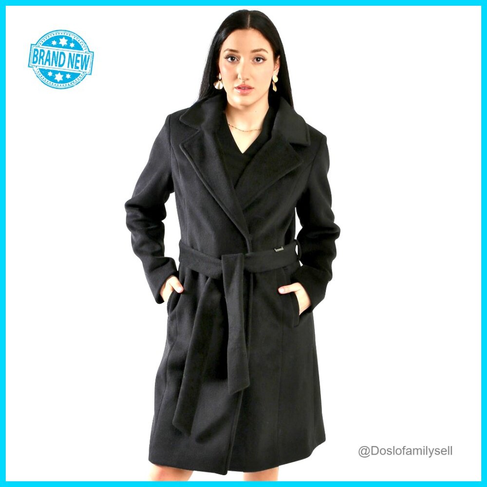 Double-Breasted Trench Coat Wool Blend Elegant Dressy Winter Peacoat With Belt